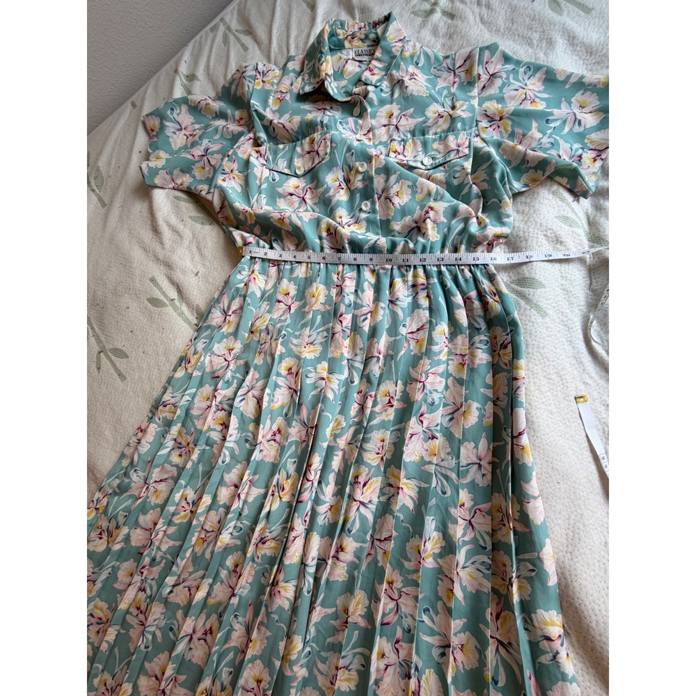 Vintage Classics by Leslie Fay Mint Floral Pleated Midi Shirt Dress Size 8 Retro - Picture 5 of 8